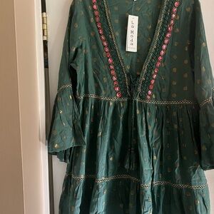 Moda Green Ruffled Tiered Sundress with Bell Sleeves